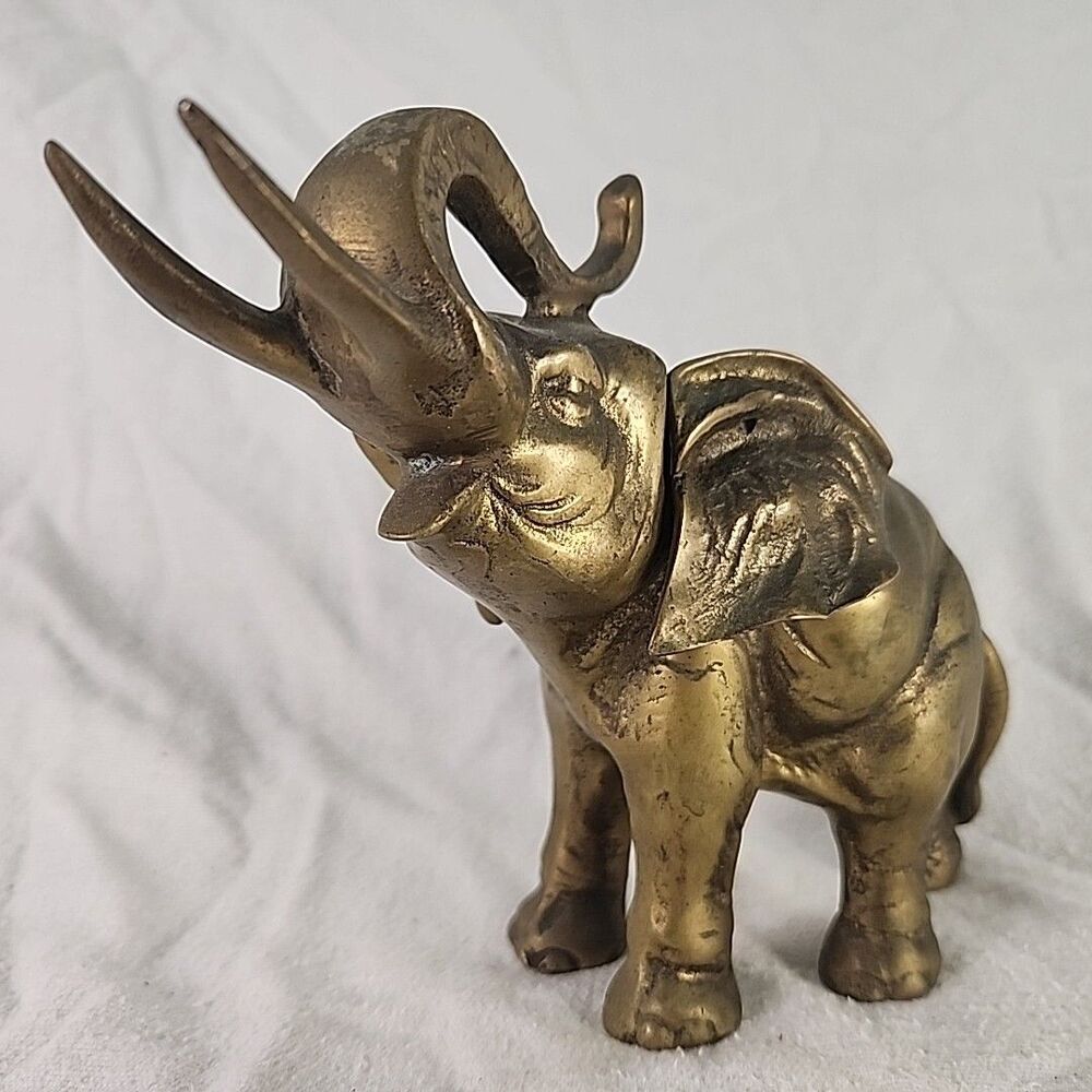 Statue Brass Elephant Solid 5.5" Tall 2.5 Lbs Trunk Up Figurine Decoration VTG